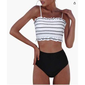 Black & White Ruffled Smocked Tankini Bikini Top & High-Waist Bottom Swimwear By